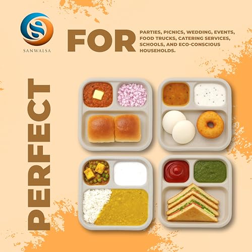 SANWALSA [3-Compartment, 25 Count, Beige Disposable Bagasse Plates | Eco-Friendly Sugarcane Meal Tray for Wedding, Party, Picnic, Event | Mess-Free Sections - Image 3
