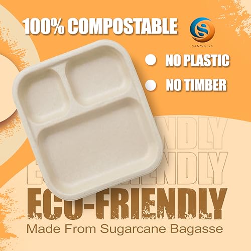 SANWALSA [3-Compartment, 25 Count, Beige Disposable Bagasse Plates | Eco-Friendly Sugarcane Meal Tray for Wedding, Party, Picnic, Event | Mess-Free Sections - Image 5