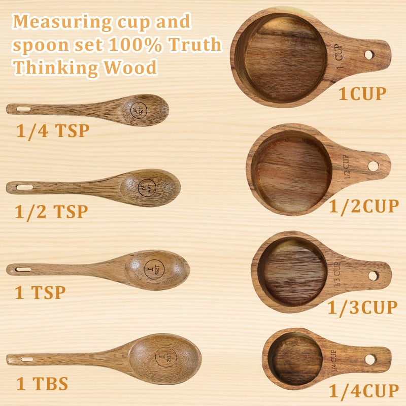 GDGJWL Wooden Measuring Cups and Spoons Set - Eco-Friendly Solid Acacia Wood, Laser Engraved Measurements for Precision, Perfect for Baking & Cooking, Ideal Gift for Bakers, Chefs & Home Cooks (Brown) - Image 2
