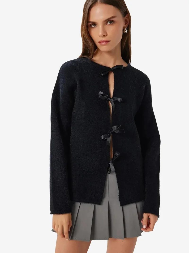 Lovely Istanbul ISTANBUL Textured Ribbed Knit Cardigan with Tie Closure