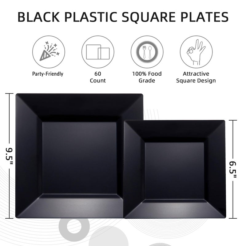 N9R 60PCS Black Plastic Plates Square, 30 Dinner & 30 Dessert Plates Heavy Duty, Fancy Disposable Plates for Party, Wedding and other Events - Image 2