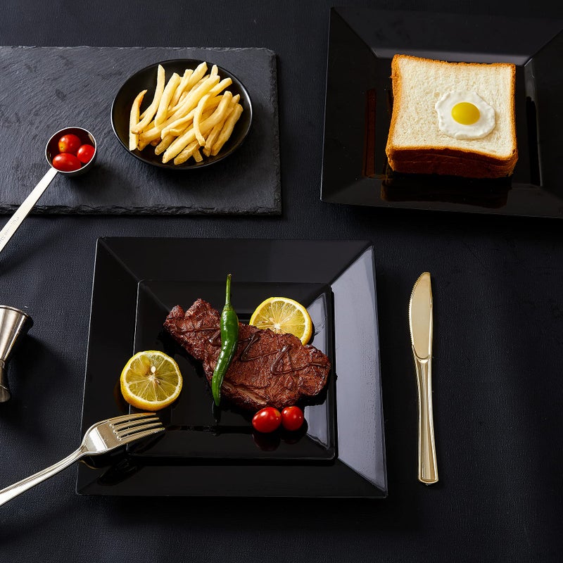 N9R 60PCS Black Plastic Plates Square, 30 Dinner & 30 Dessert Plates Heavy Duty, Fancy Disposable Plates for Party, Wedding and other Events - Image 5