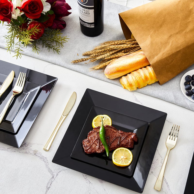 N9R 60PCS Black Plastic Plates Square, 30 Dinner & 30 Dessert Plates Heavy Duty, Fancy Disposable Plates for Party, Wedding and other Events - Image 4