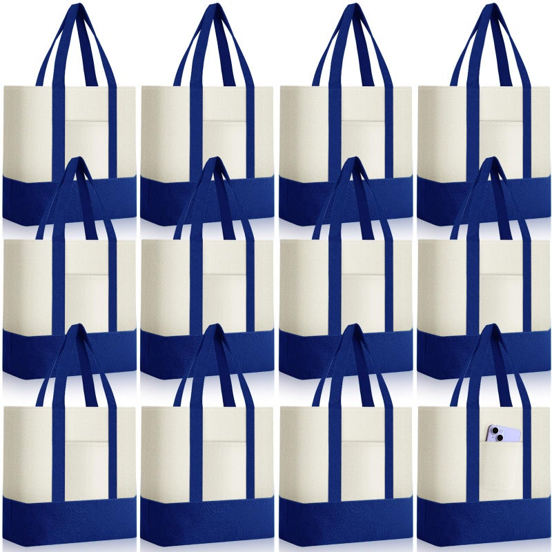 Sanwuta 12 Pcs Canvas Tote Bags Bulk with Outer Pocket Small Sublimation Blank Canvas Tote Reusable Grocery Bag for Women, DIY Craft (Royal Blue) - Image 1