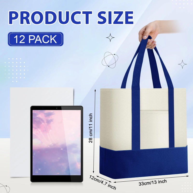 Sanwuta 12 Pcs Canvas Tote Bags Bulk with Outer Pocket Small Sublimation Blank Canvas Tote Reusable Grocery Bag for Women, DIY Craft (Royal Blue) - Image 2