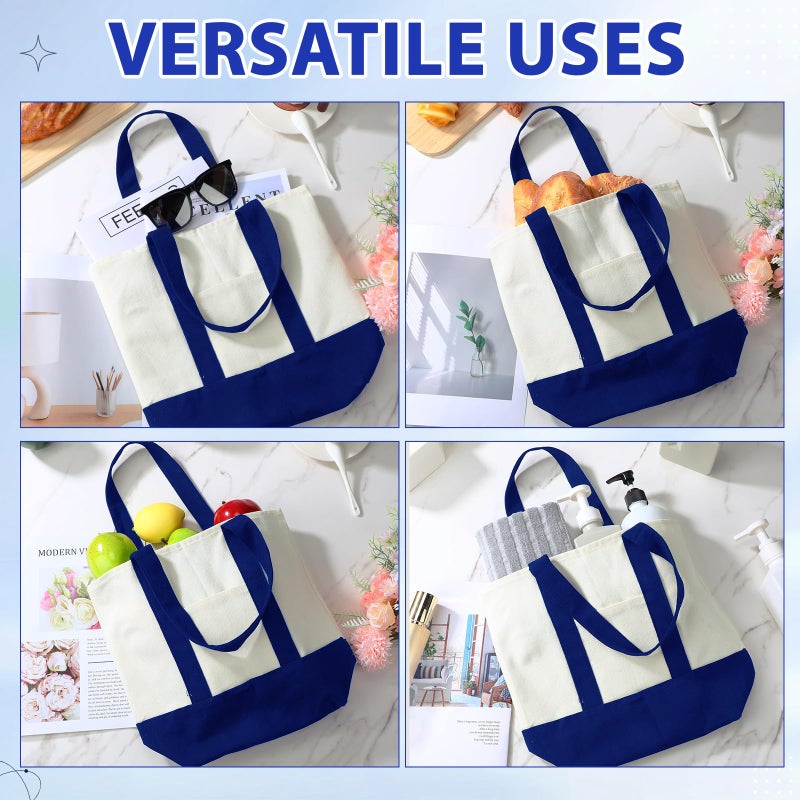 Sanwuta 12 Pcs Canvas Tote Bags Bulk with Outer Pocket Small Sublimation Blank Canvas Tote Reusable Grocery Bag for Women, DIY Craft (Royal Blue) - Image 4