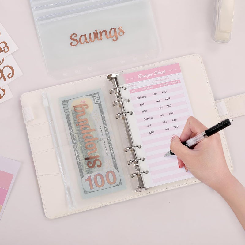 SKYDUE A6 Budget Binder, Money Organizer for Cash with 8pcs Zipper Envelopes,12pcs Expense Budget Sheets & 24 Rose Gold Sticky Labels, Money Saving Binder for Budgeting - Image 4