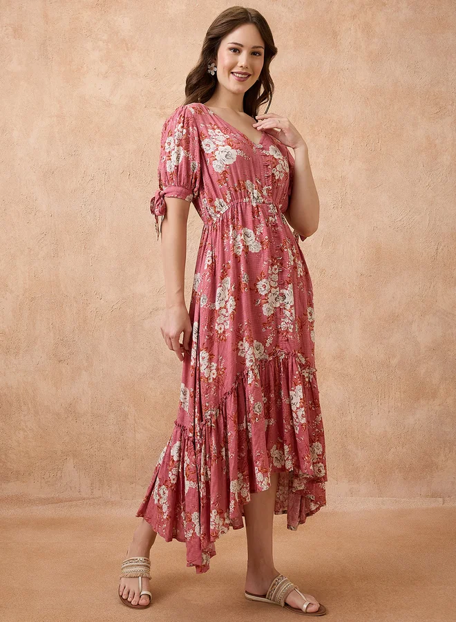 جلو باص فستان ميدي بطبعة زهور