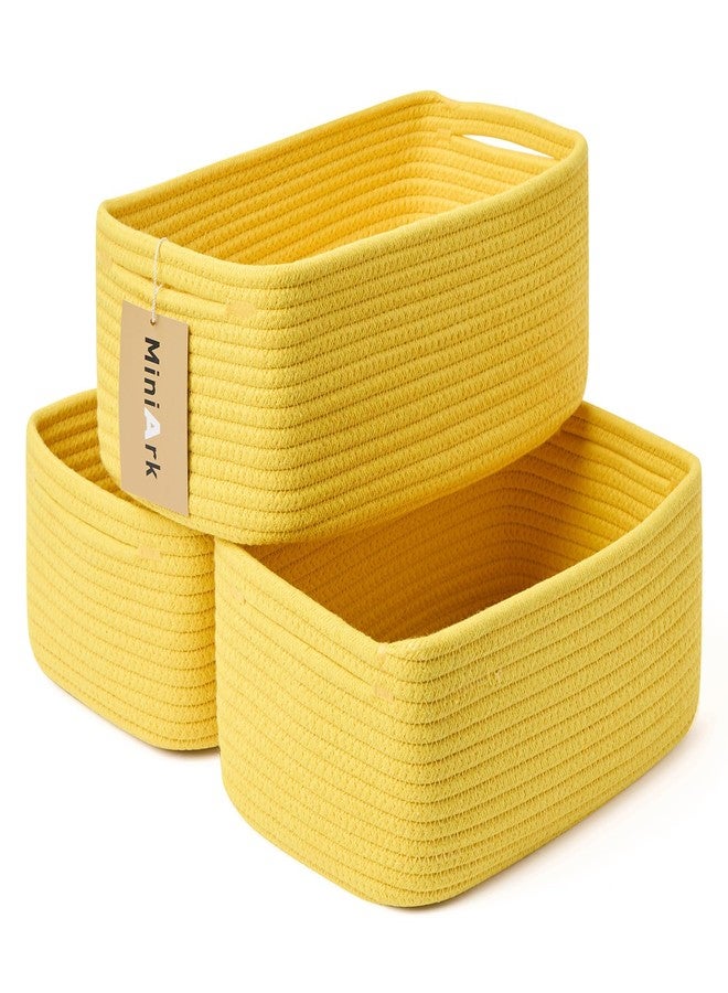 MiniArk Small Storage Baskets for Organizing | Closet Organizer Bins | Shelf Toy Basket | Woven Rope Baskets | Cube Decorative Box | Shallow Basket | 13x8.5x5.1” | 3 Packs Yellow - Image 1