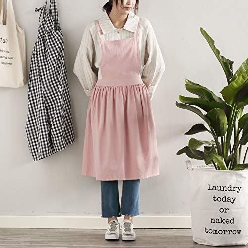 losofar Women Girls Vintage Apron Adjustable Gardening Works Cross Back Cotton/Linen Blend Aprons Pinafore Dress with Two Pockets (pink, one size) - Image 5