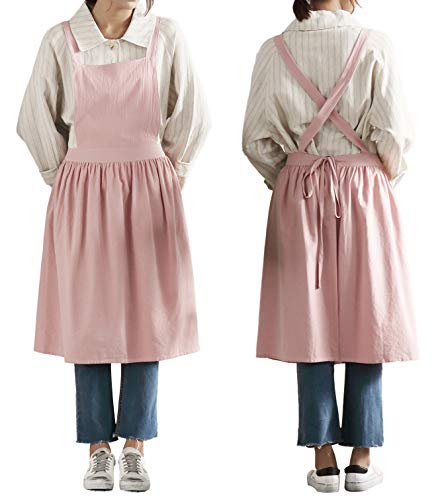 losofar Women Girls Vintage Apron Adjustable Gardening Works Cross Back Cotton/Linen Blend Aprons Pinafore Dress with Two Pockets (pink, one size) - Image 1