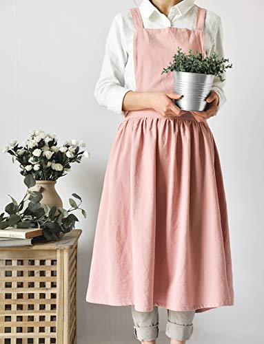 losofar Women Girls Vintage Apron Adjustable Gardening Works Cross Back Cotton/Linen Blend Aprons Pinafore Dress with Two Pockets (pink, one size) - Image 2