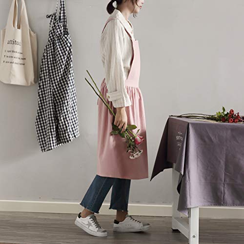 losofar Women Girls Vintage Apron Adjustable Gardening Works Cross Back Cotton/Linen Blend Aprons Pinafore Dress with Two Pockets (pink, one size) - Image 4