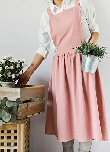 losofar Women Girls Vintage Apron Adjustable Gardening Works Cross Back Cotton/Linen Blend Aprons Pinafore Dress with Two Pockets (pink, one size) - Image 3