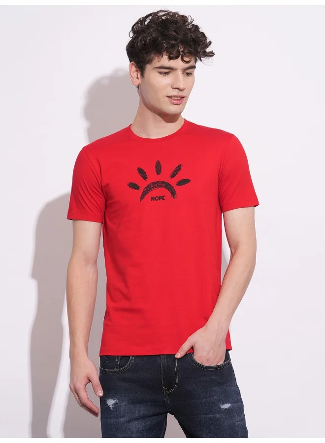 بيينغ هيومان Mens True Red Round Neck Short Sleeve T-Shirt