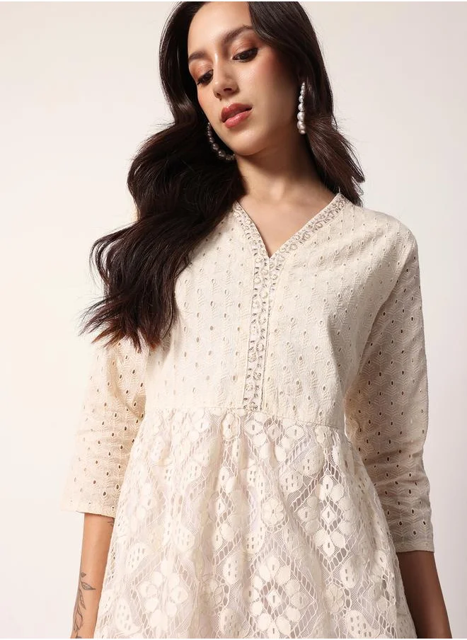 آي شين Women's Off White Cotton Textured Mini Smock Regular Fit Dress