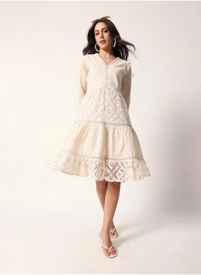 آي شين Women's Off White Cotton Textured Mini Smock Regular Fit Dress