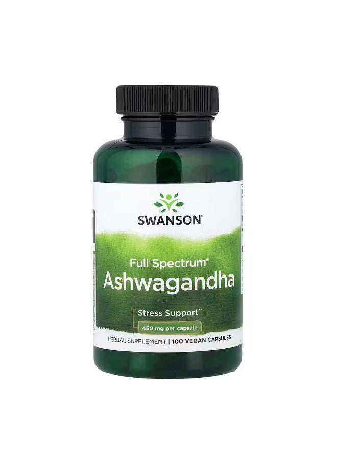 Swanson Full Spectrum® Ashwagandha – 450 mg per Capsule | 100 Vegan Capsules | Herbal Dietary Supplement - Image 1