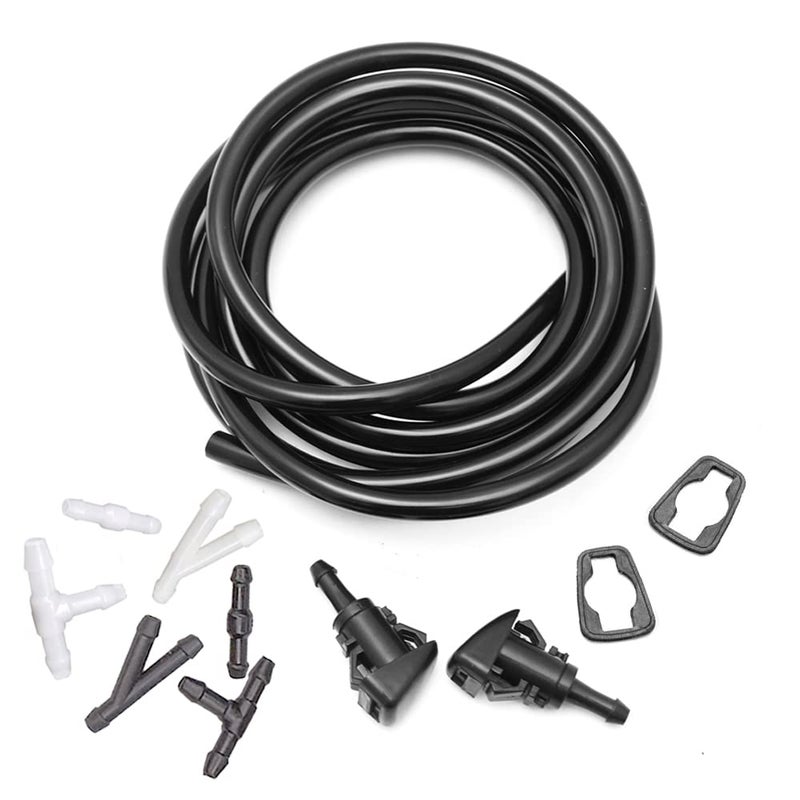Front Windshield Washer Nozzles Kit for Dodge Jeep Ram Replaces OEM 4805742AB 5116079AA Wiper Spray Washer Jet with 118 Inch Long Fluid Hose and 6 Connectors