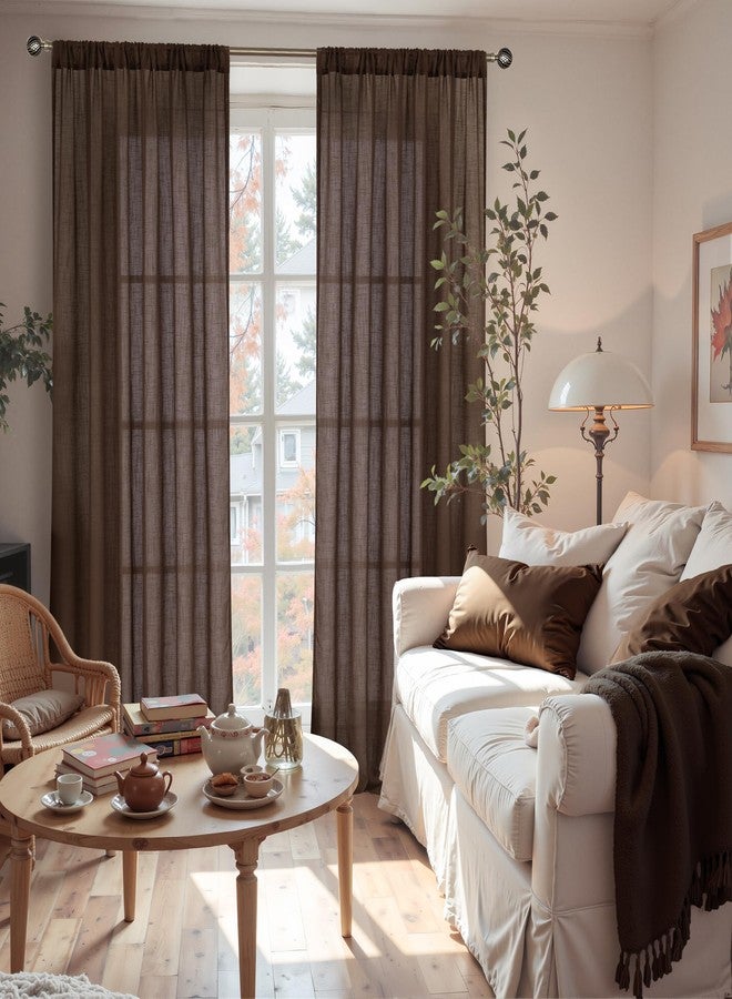 BGment ستائر كتان بنية اللون من BGment، طولها 84 بوصة، قطعتان، مناسبة لنوافذ غرفة المعيشة. ستائر شبه شفافة بلون الشوكولاتة، مزخرفة، مزودة بجيب للعمود، مناسبة لديكور غرفة النوم أو غرفة الطعام على الطراز الريفي، خفيفة الوزن، عرض كل قطعة 52 بوصة. - Image 2