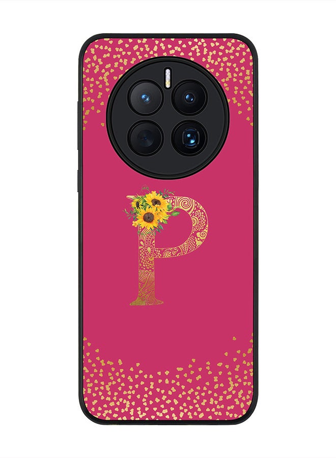 Stylizedd Rugged Black edge case for Huawei Mate 50, Slim fit Thin Cover -  Custom Monogram Initial Letter Mandala Floral Pattern Alphabet- P  (Dark Pink Rose ) - Image 1