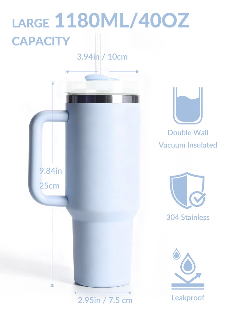 GALADUNE 40oz Stainless Steel Insulated Tumbler with Handle and Straw, Large Capacity Travel Mug for Hot & Cold Drinks, Leak-Proof Vacuum Cup, Light Blue - Image 2