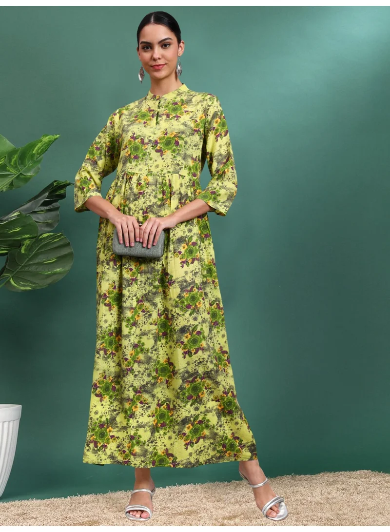 Women Floral Printed Cotton Jalabiya with Mandarin Collar & Three-Quarter Sleeves-AL4009