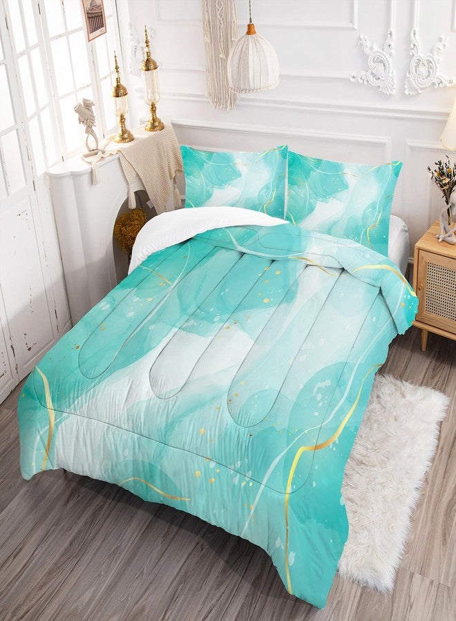 EDGZKO Teal Twin Bedding Set: Aqua Teal Marble Comforter Set for Teens Girls Women Abstract Cyan Blue Quilts Green and Gold Glitter Marbling Bed Sets 1 Comforter & 1 Pillow Case - Image 2