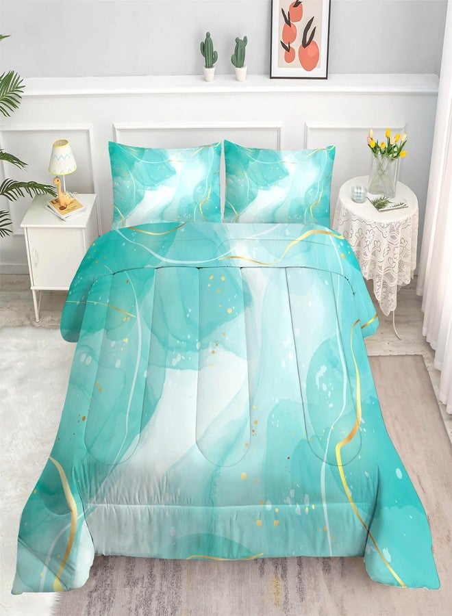 EDGZKO Teal Twin Bedding Set: Aqua Teal Marble Comforter Set for Teens Girls Women Abstract Cyan Blue Quilts Green and Gold Glitter Marbling Bed Sets 1 Comforter & 1 Pillow Case - Image 4