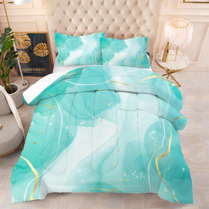 EDGZKO Teal Twin Bedding Set: Aqua Teal Marble Comforter Set for Teens Girls Women Abstract Cyan Blue Quilts Green and Gold Glitter Marbling Bed Sets 1 Comforter & 1 Pillow Case - Image 1