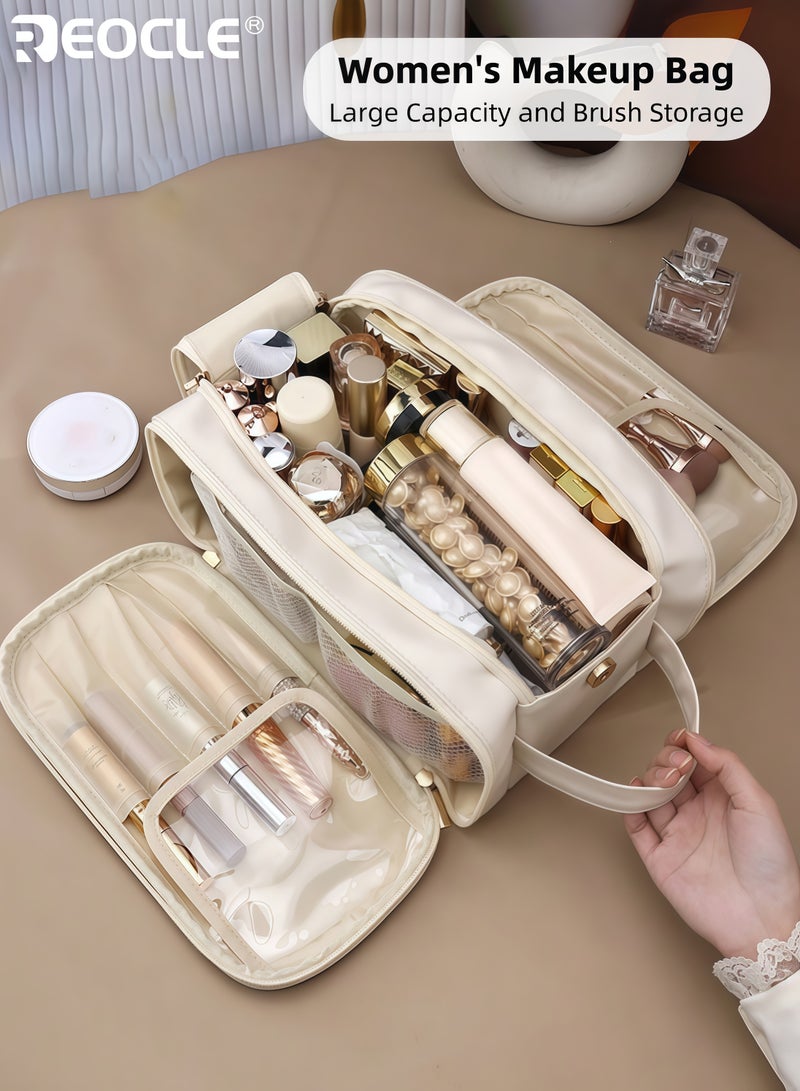 REOCLE Women's Multi-Functional Makeup Bag with Large Capacity and Brush Storage Compartments Portable Cosmetic Organizer with PU Material and Odorless Design for Travel Daily Use - Image 1