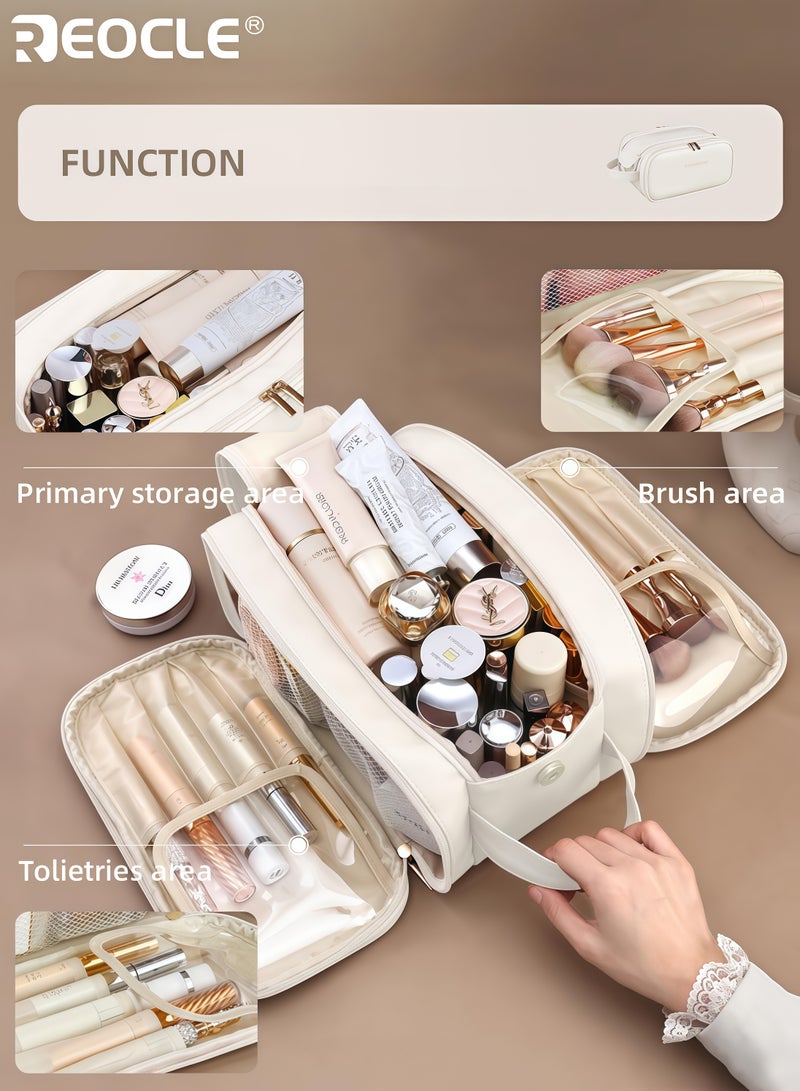 REOCLE Women's Multi-Functional Makeup Bag with Large Capacity and Brush Storage Compartments Portable Cosmetic Organizer with PU Material and Odorless Design for Travel Daily Use - Image 4