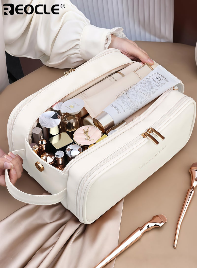 REOCLE Women's Multi-Functional Makeup Bag with Large Capacity and Brush Storage Compartments Portable Cosmetic Organizer with PU Material and Odorless Design for Travel Daily Use - Image 2