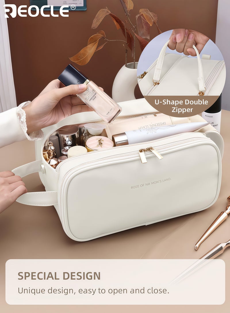 REOCLE Women's Multi-Functional Makeup Bag with Large Capacity and Brush Storage Compartments Portable Cosmetic Organizer with PU Material and Odorless Design for Travel Daily Use - Image 3