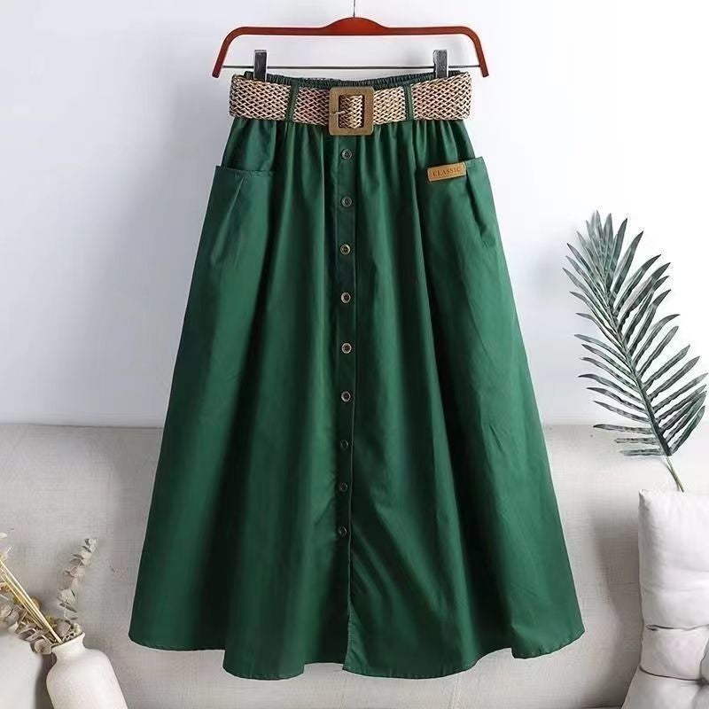 Cotton 2024 Spring and Summer New Korean Style Elastic High-waisted Skirt with Large Flap Pocket Pants Slits Slimming Look Mid-length A-line Skirt Green [free belt]