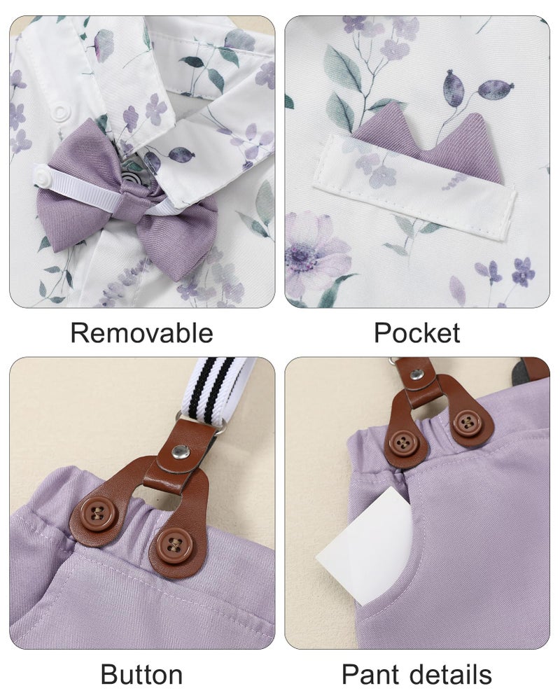 YUEMION Baby Boy Clothes Suits, Toddler Summer Formal Short Shirt+ Bowtie+ Suspender Shorts Gentleman Wedding Outfit(Purple + flowers, 2-3T) - Image 4