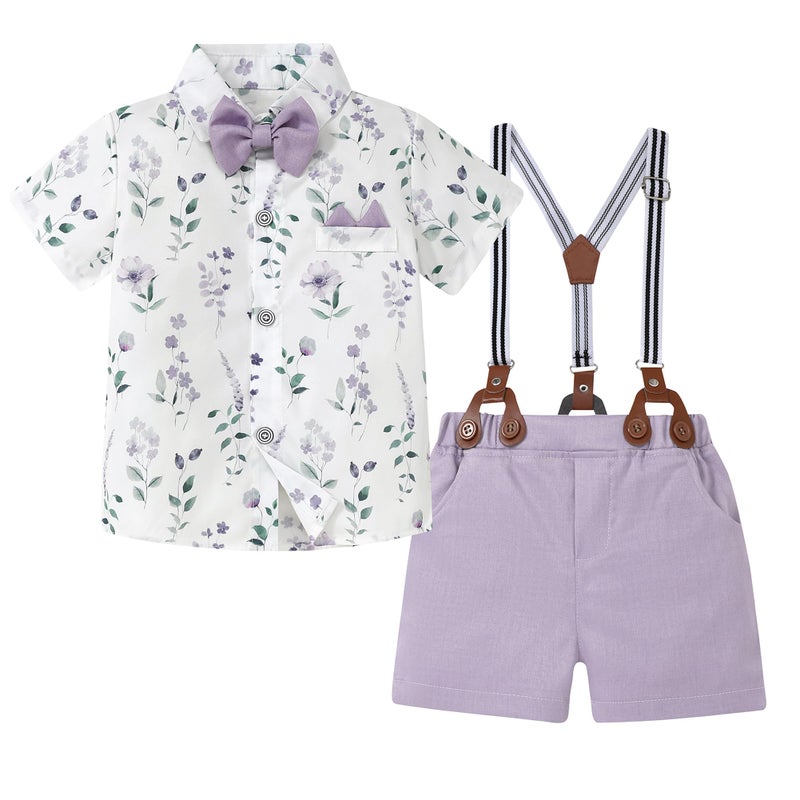 YUEMION Baby Boy Clothes Suits, Toddler Summer Formal Short Shirt+ Bowtie+ Suspender Shorts Gentleman Wedding Outfit(Purple + flowers, 2-3T) - Image 1