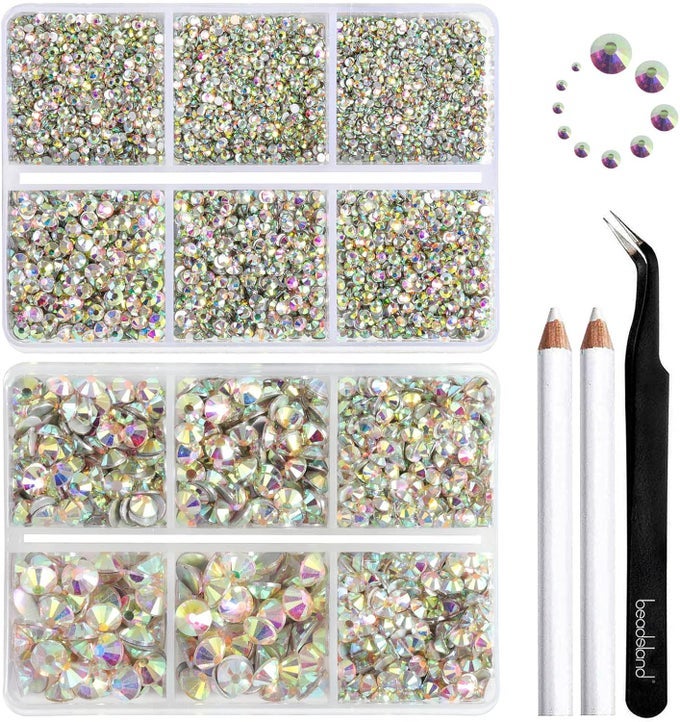 8300PCS FLATBACK RHINESTONES, AB CRYSTAL RHINESTONE ROUND CRYSTAL RHINESTONES FOR CRAFTS, MIXED 10 SIZES WITH WAX PENCIL AND TWEEZER KIT, SS3-SS30, CRYSTAL AB