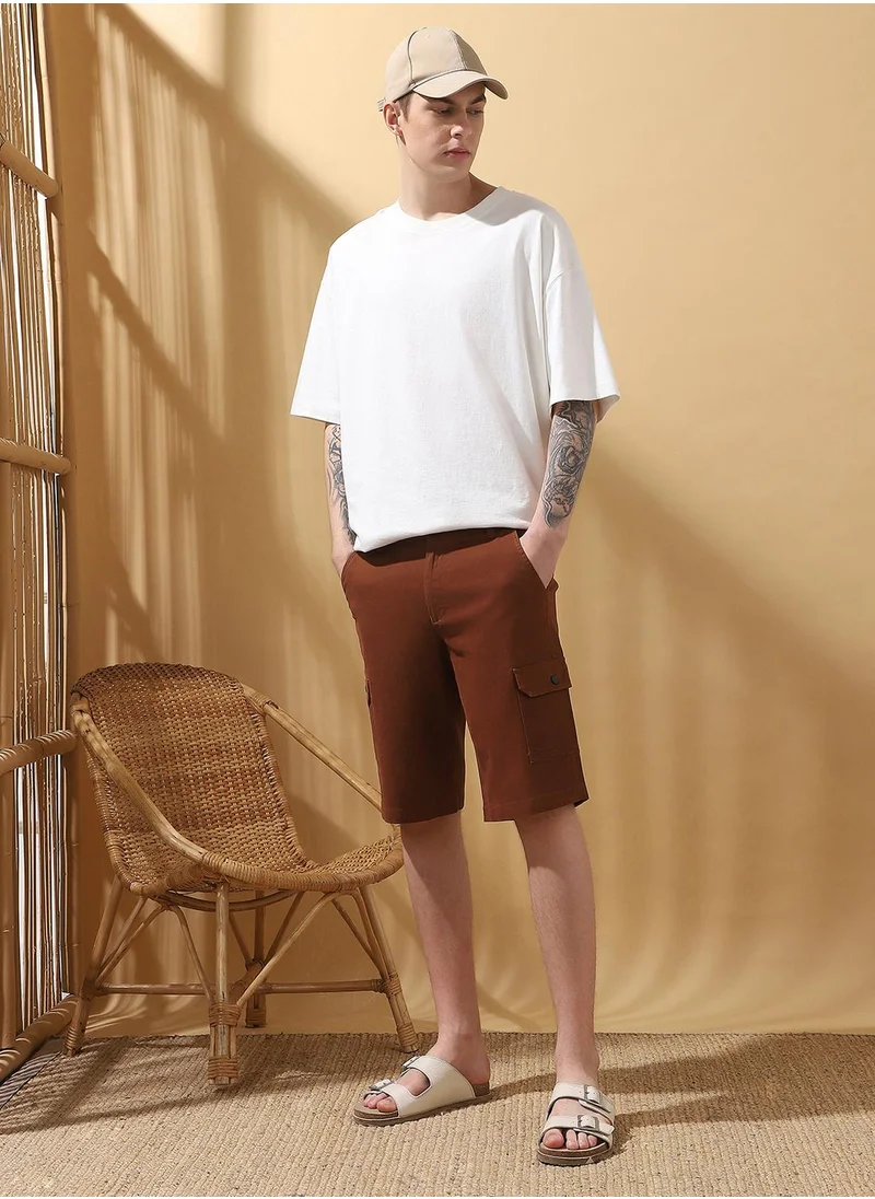 Dennis Lingo Men's Rust 100% Cotton Solid Cropped Cargo Regular Fit Shorts