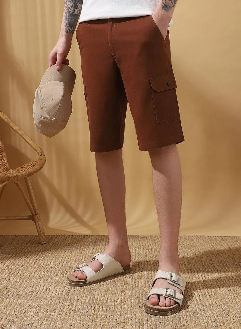 Dennis Lingo Men's Rust 100% Cotton Solid Cropped Cargo Regular Fit Shorts