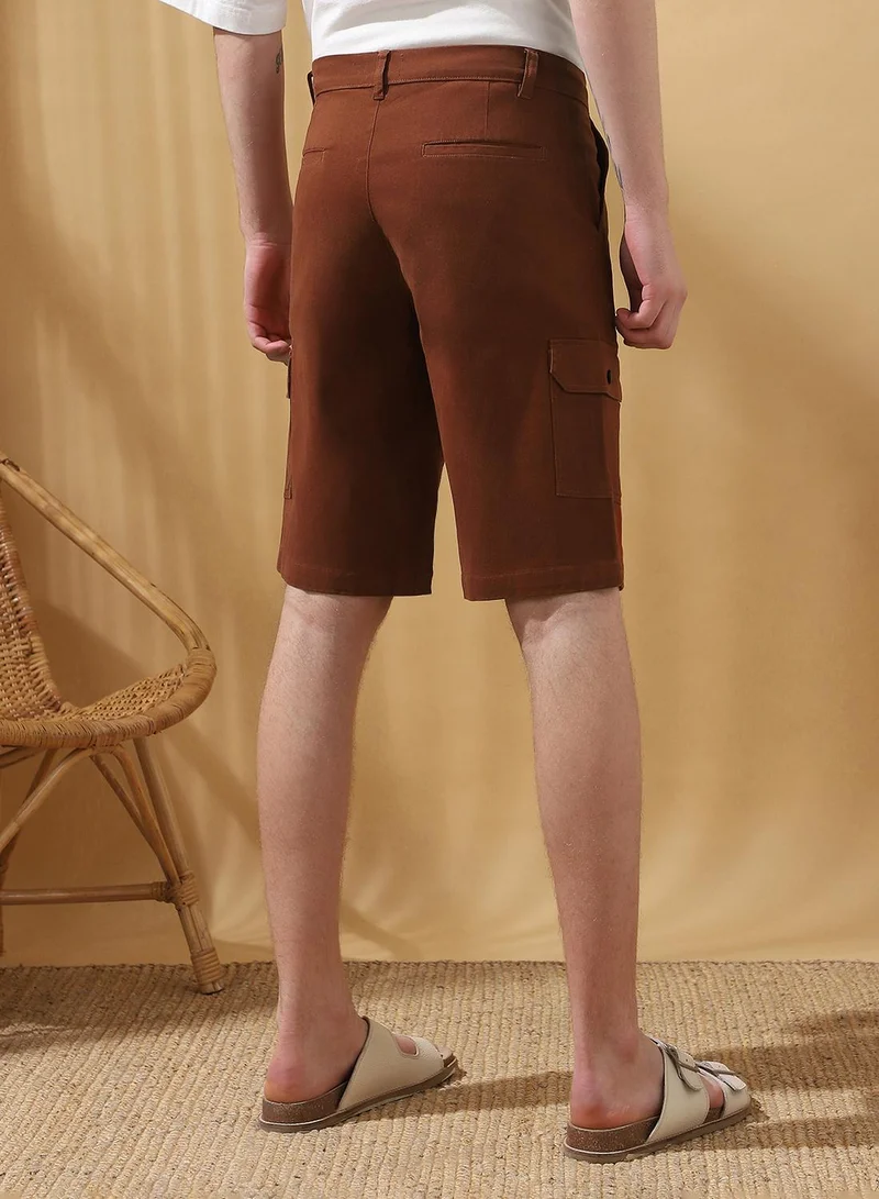 Dennis Lingo Men's Rust 100% Cotton Solid Cropped Cargo Regular Fit Shorts