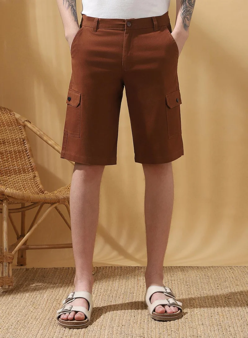 Dennis Lingo Men's Rust 100% Cotton Solid Cropped Cargo Regular Fit Shorts