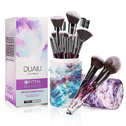 DUAIU Makeup Brushes 15pcs Premium Synthetic Bristles Crystal Handle Set Kabuki Foundation Brush Face Lip Eye Makeup Brush Sets Professional with Starry Gift Box Purple