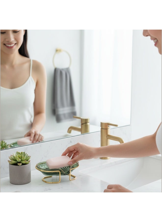 Acrylic Soap Dish with Gold Metal Stand & Drainage | Soap Tray for Bathroom & Kitchen Sink |  Modern Stable Rust-Resistant Easy-Clean Design- Green - Image 2
