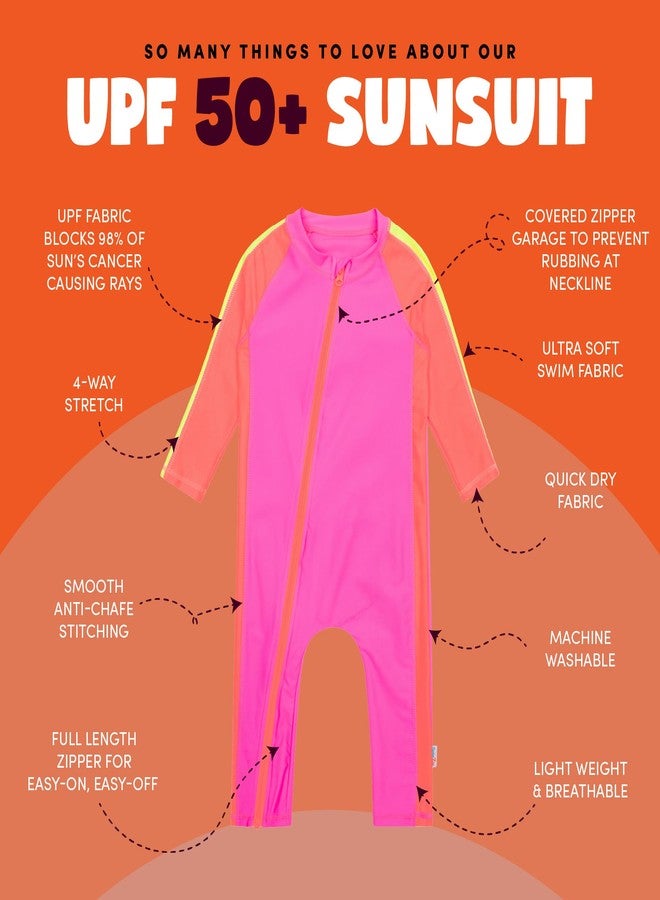 SwimZip Girls' Long-Sleeve UPF 50+ Swimsuit for Baby, Toddler, & Little Girls Neon Pink/Orange - Image 2