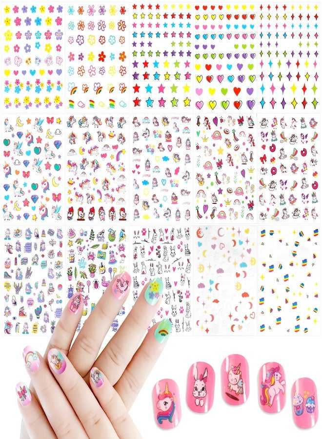 Allstarry Nail Stickers for Kids, 15 Sheets Kids Nail Stickers for Girls Self-Adhesive Nail Decals Cute Animal Rainbow Flower Heart Star Unicorn Sticker Birthday Christmas Gift - Image 1