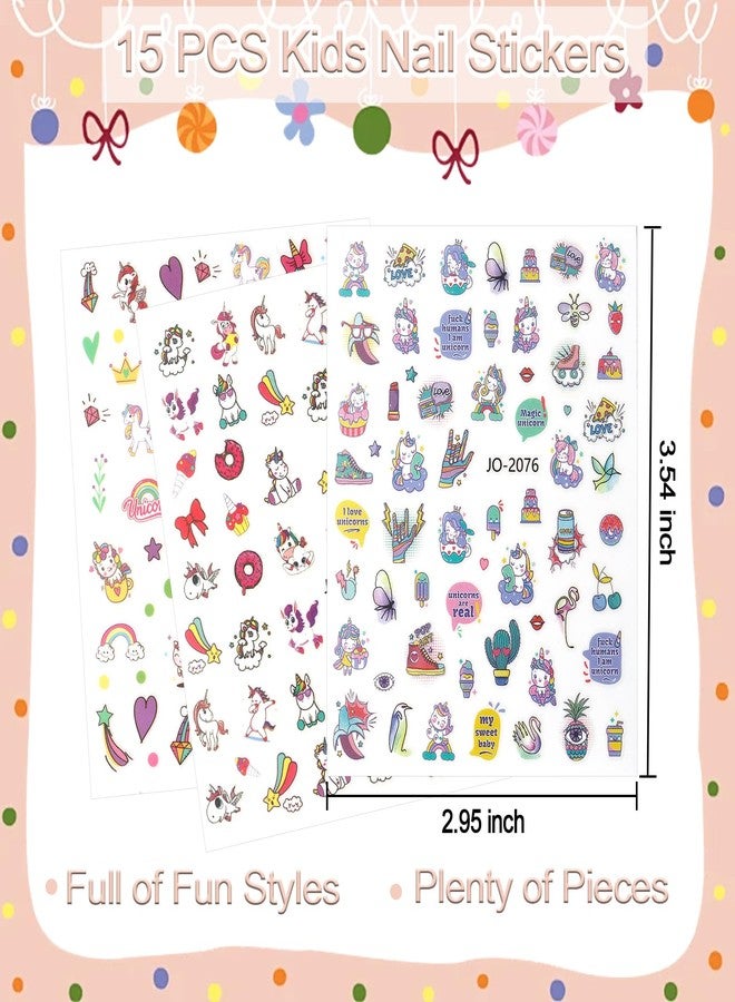 Allstarry Nail Stickers for Kids, 15 Sheets Kids Nail Stickers for Girls Self-Adhesive Nail Decals Cute Animal Rainbow Flower Heart Star Unicorn Sticker Birthday Christmas Gift - Image 2