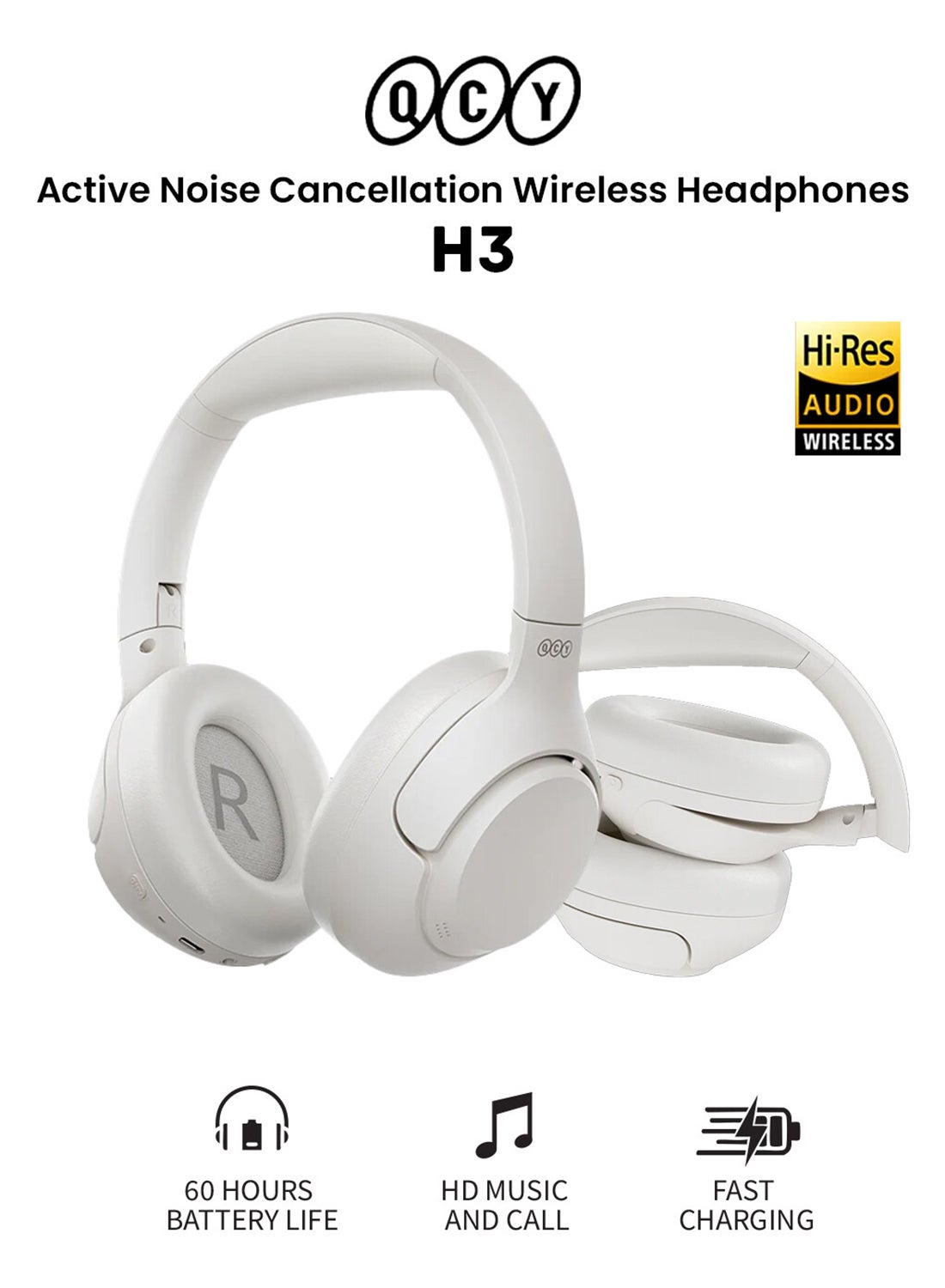 H3 ANC Active Noise Cancelling Headphones, Bluetooth 5.4 Wireless Over-Ear Headphones, Hi-Res Audio, Deep Bass, Multipoint Connection, 60H Playtime, Custom EQ via App White