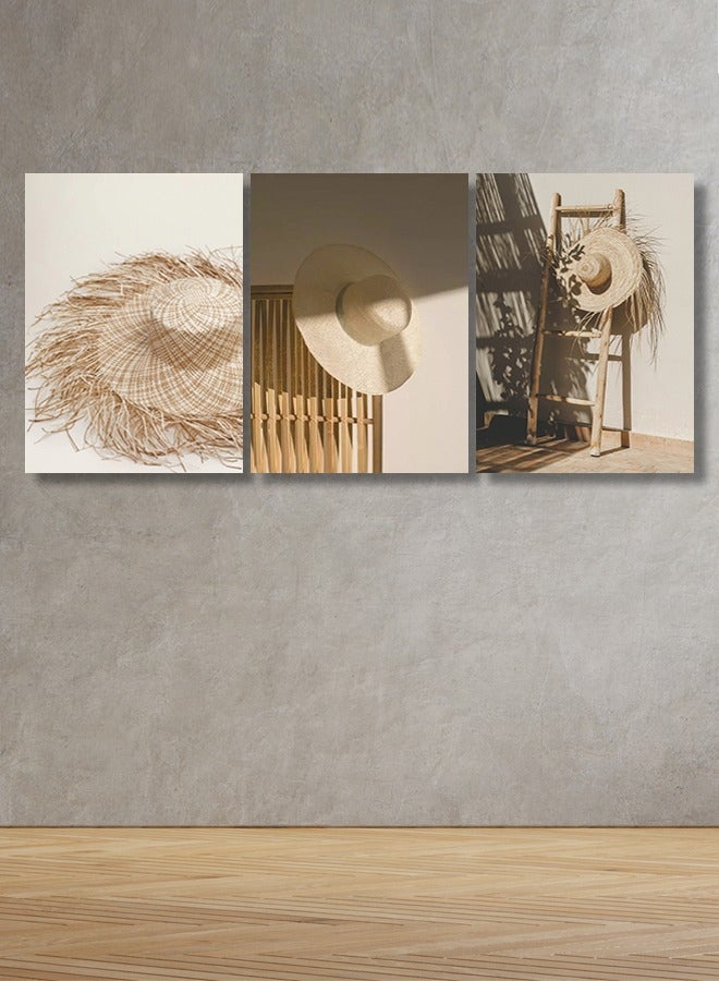 4gdran Three wooden panels with a straw hat design - Image 1