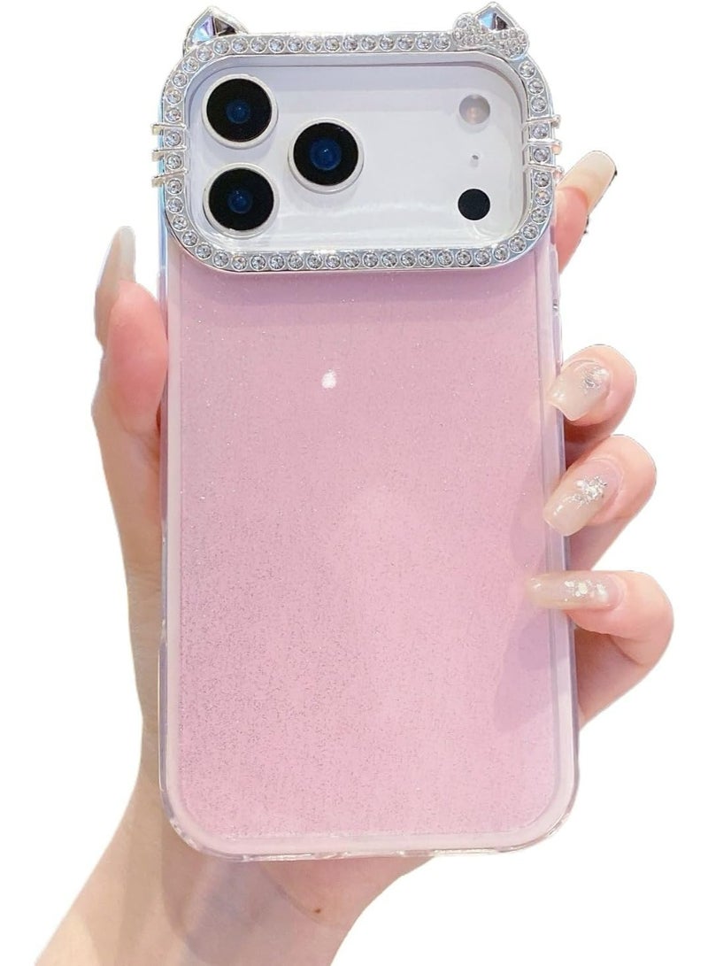 HaDoii Pink Bling Diamond Cat Ears Sparkly Solid Color Phone Case for iPhone 17 Pro Max – Cute Glitter Cover for Women Girls - Image 1